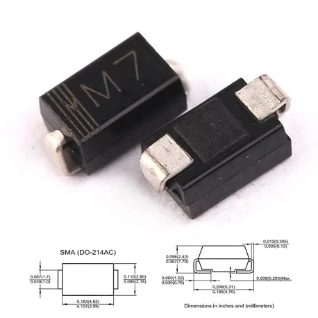 DIODO RECTIFICADOR SMD SMA DO-214AC 1N4007 1000V 1A MARK M7 - TIRA 10 PIEZAS