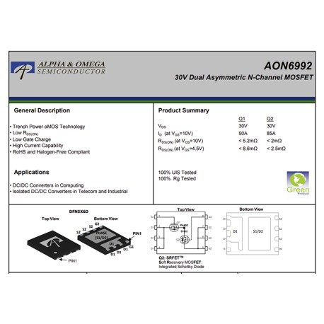 AON6992 AO6992 6992 30V Q1 50A Q2 85A N-CHANNEL MOSFET