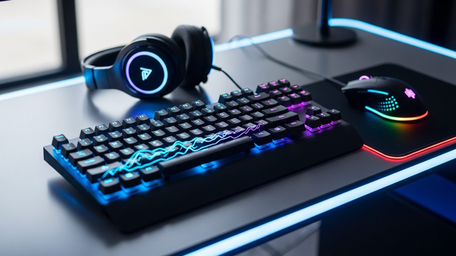 Teclado mecánico, mouse y audífonos sobre escritorio moderno