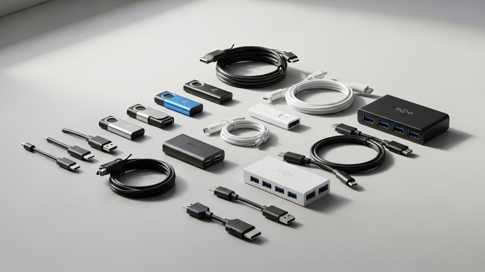 Memorias USB, cables y hubs ordenados sobre fondo claro
