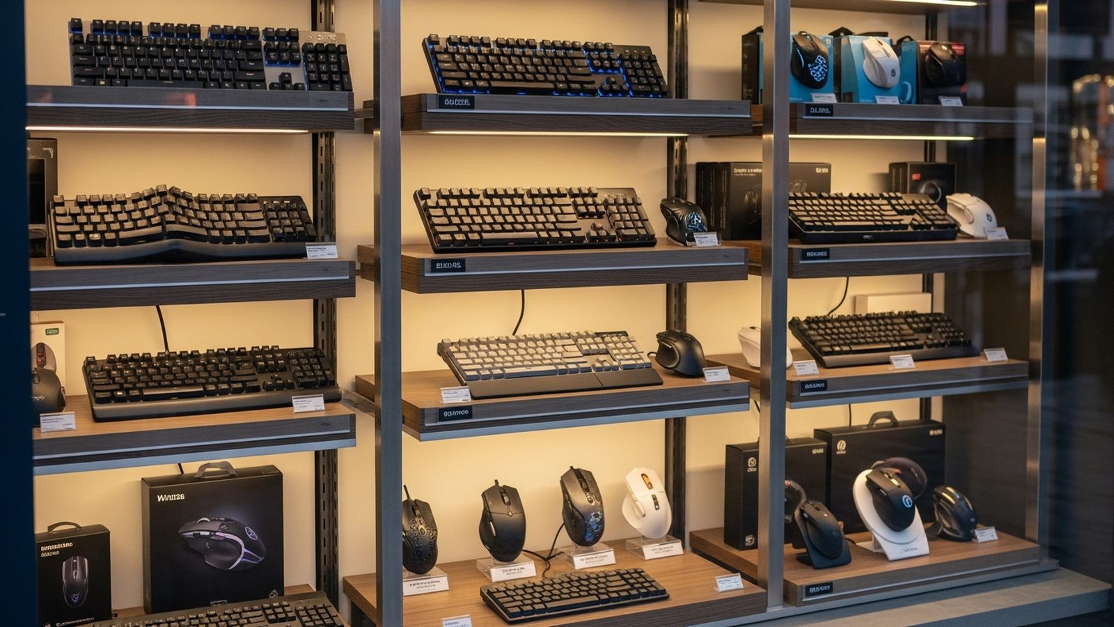 Vitrina de accesorios de computación con teclados y mouse